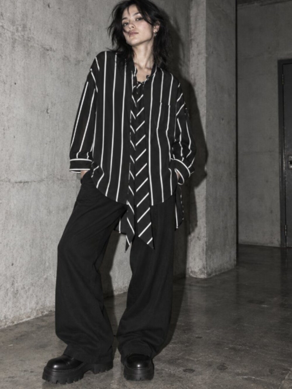 Unique Black and White Striped Chiffon Oversized Shirt with Front Straps - OS